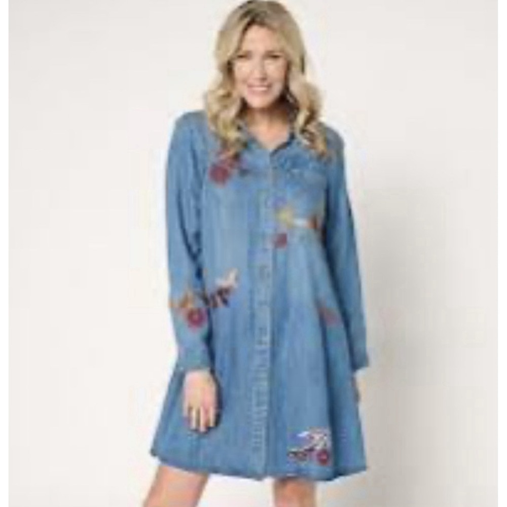 Driftwood Jeans Scottie Denim Dress Women's Size XL  Embroidered Lyocell Boho